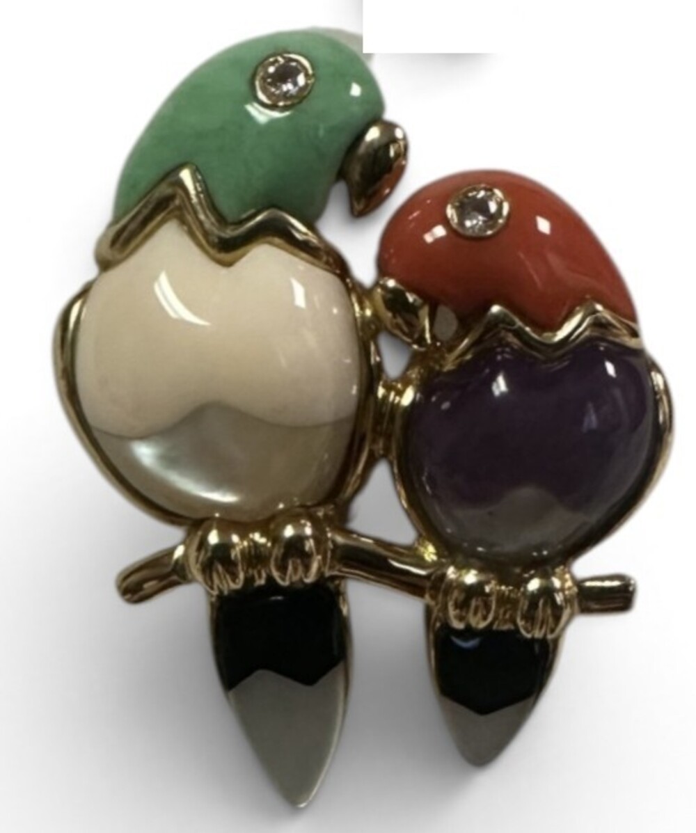 Vintage 14k Gemstone Brooch Love Birds Asch Grossbardt